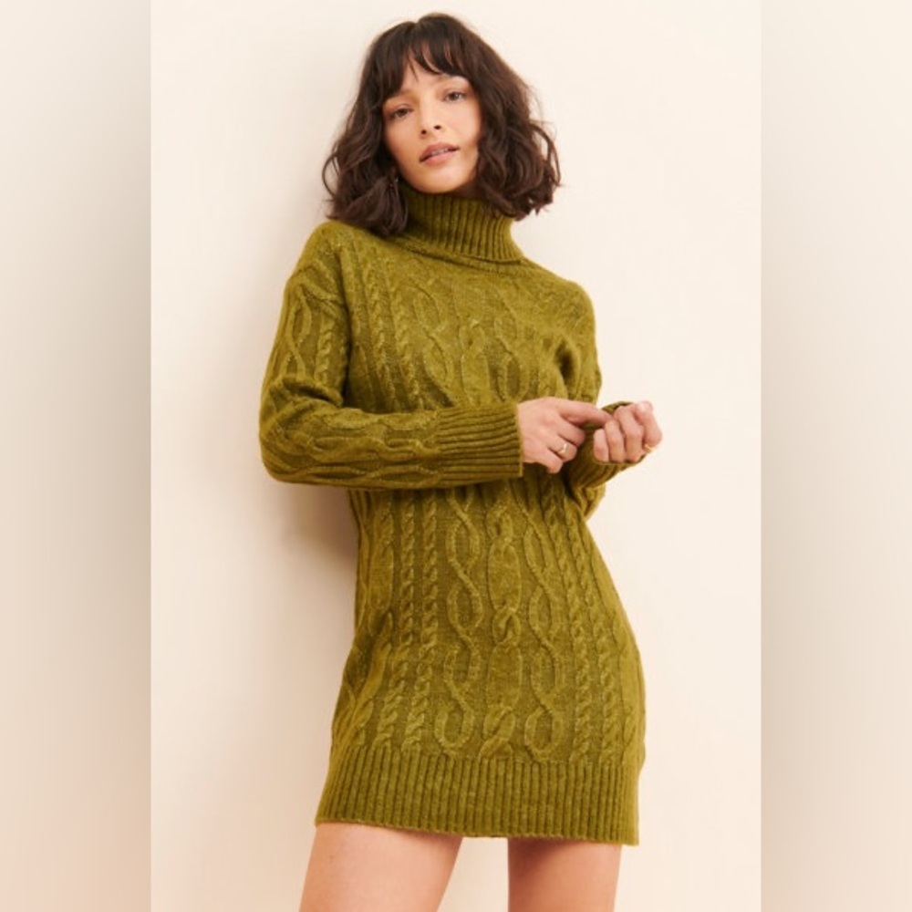 525 America Olive Cable Knit Turtleneck Dress